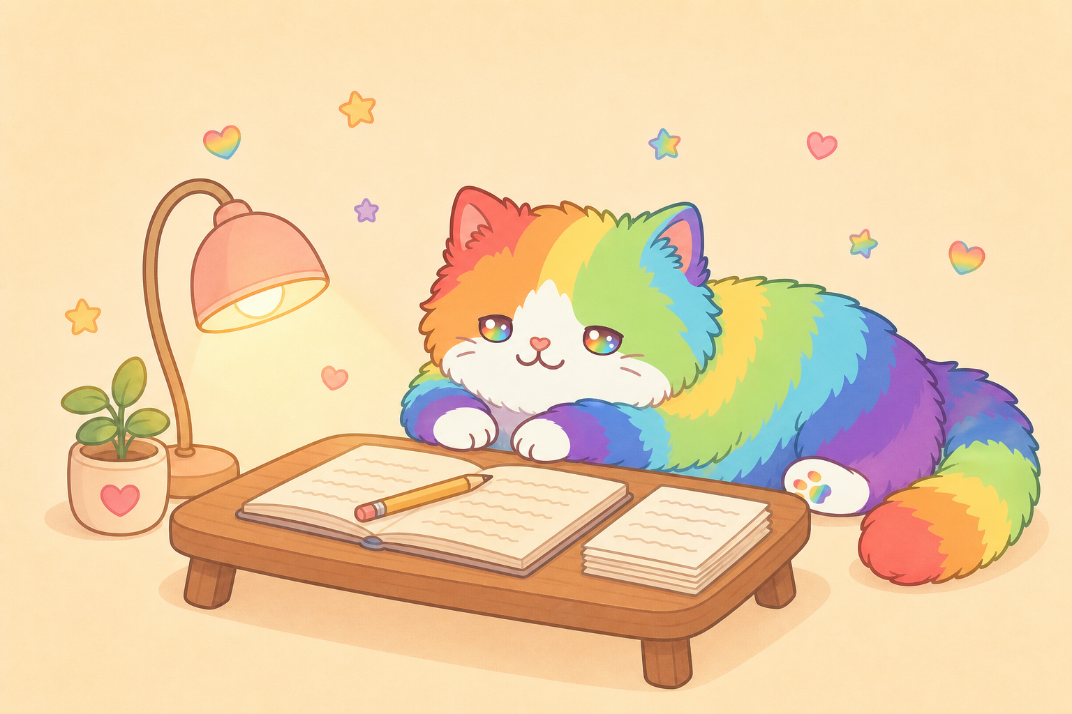 ランプの灯りの下、開いたノートのそばで寝転ぶレインボー色の猫のイラスト